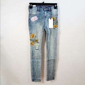 Embroidered Flower Mid Rise Skinny Distressed Jean